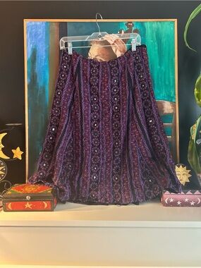 Guru India Purple Boho Cotton Midi Skirt Embroidered Mirror Festival Size L